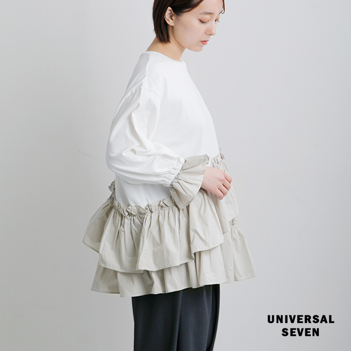 universal seven(ユニヴァーサルセブン)クラシック天竺バイカラーアシンメトリーフリルプルオーバーus261ct018