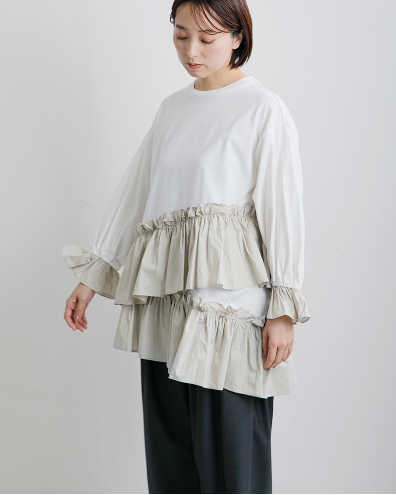 universal seven(ユニヴァーサルセブン)クラシック天竺バイカラーアシンメトリーフリルプルオーバーus261ct018