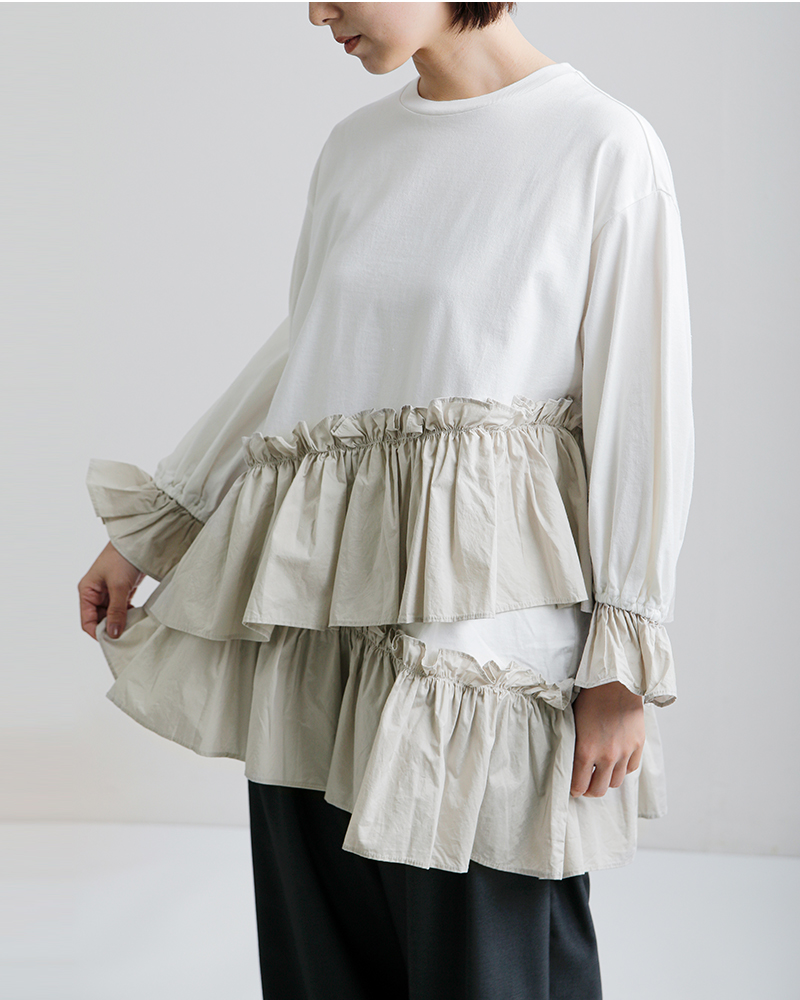 universal seven(ユニヴァーサルセブン)クラシック天竺バイカラーアシンメトリーフリルプルオーバーus261ct018