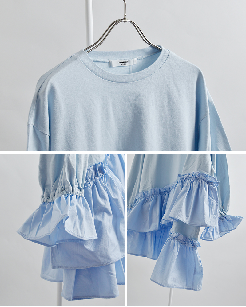 universal seven(ユニヴァーサルセブン)クラシック天竺バイカラーアシンメトリーフリルプルオーバーus261ct018