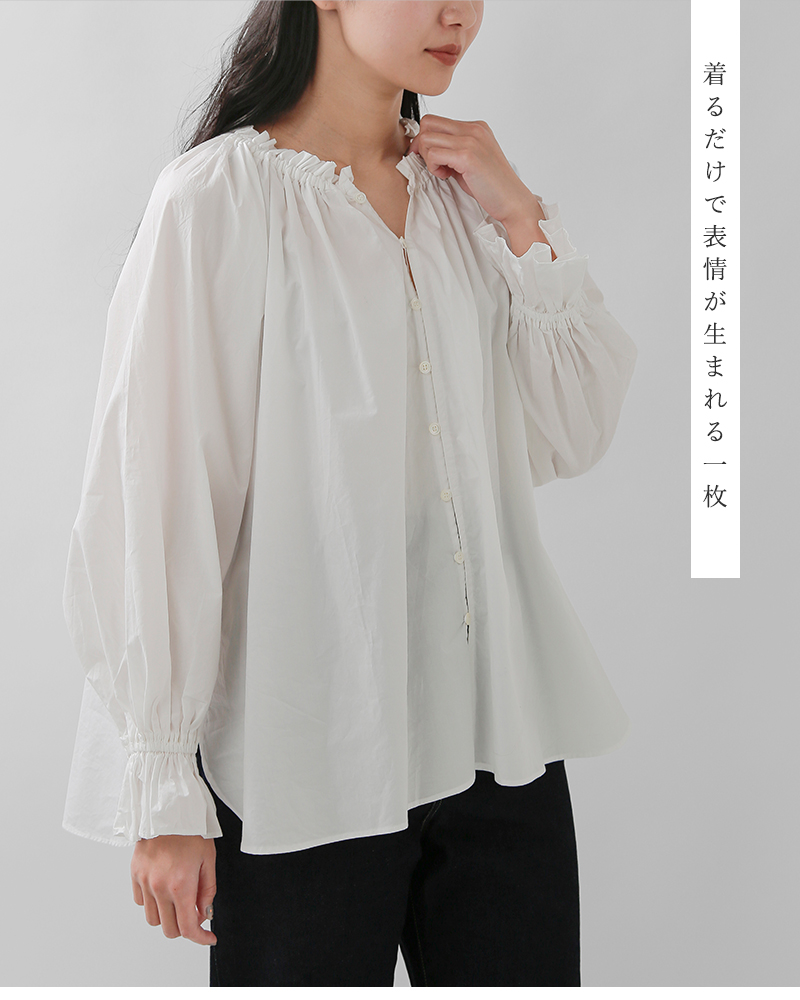 universal tissu(ユニヴァーサルティシュ)ナチュラルタイプライター/ストライプギャザーパフブラウスut260bl003