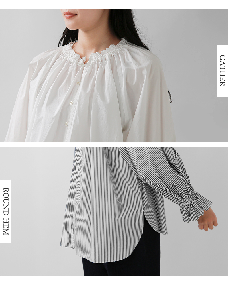 universal tissu(ユニヴァーサルティシュ)ナチュラルタイプライター/ストライプギャザーパフブラウスut260bl003