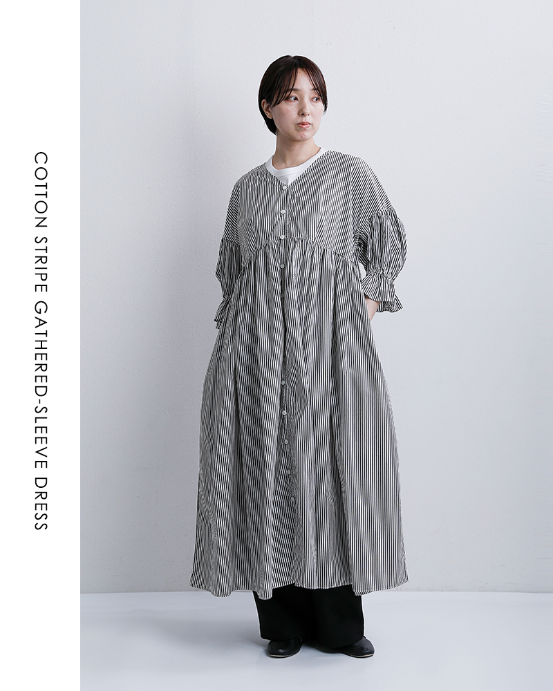 universal tissu(ユニヴァーサルティシュ)コットンストライプギャザースリーブワンピースut261op011