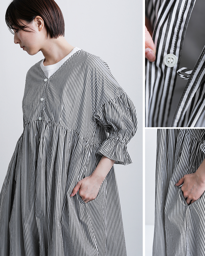 universal tissu(ユニヴァーサルティシュ)コットンストライプギャザースリーブワンピースut261op011