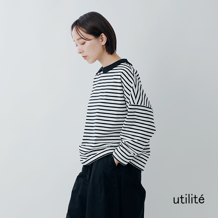 utilite(ユティリテ)ハイゲージコットン天竺ボーダー衿付き2wayプルオーバーut507ss82