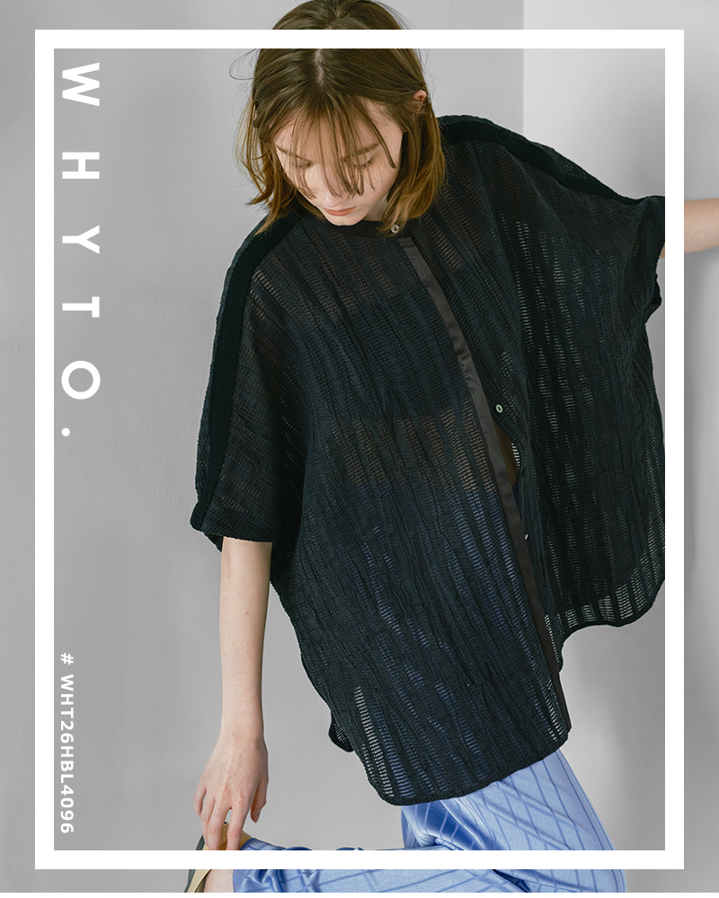 whyto(�z���C�g)�X�g���C�v���C�h�X�N�G�A�u���E�X�gwidesquareblouse�hwht26hbl4096