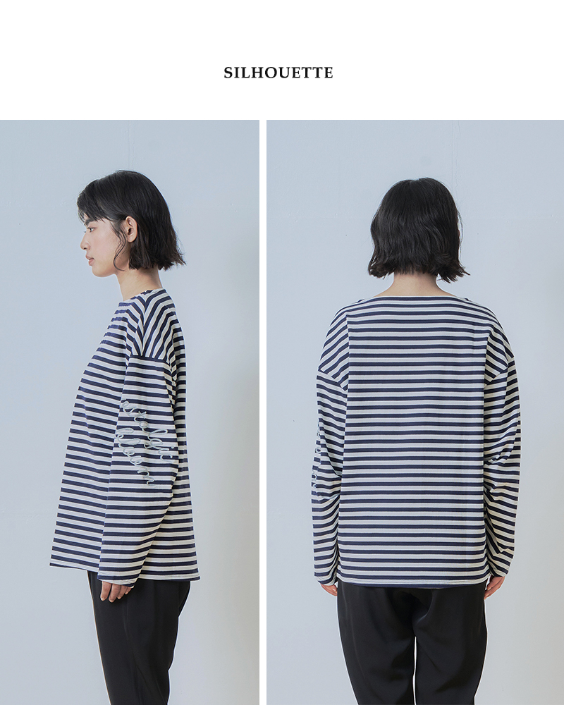 whyto ホワイト コットン ボートネック ルーズ ボーダー トップス