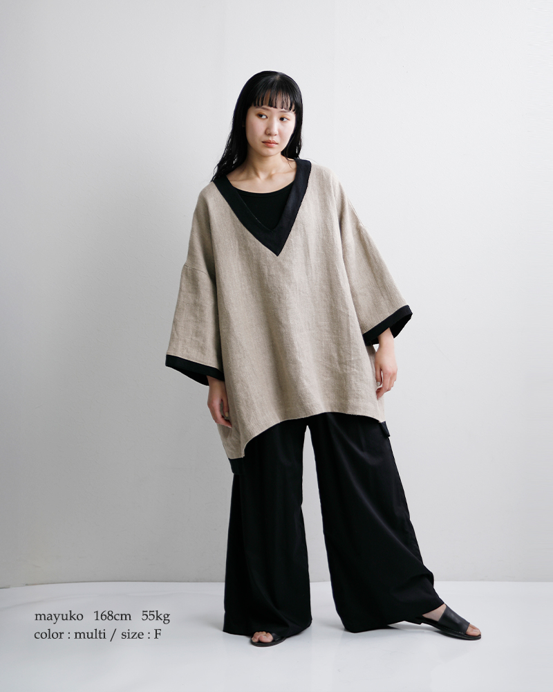 my beautiful landlet(マイ ビューティフル ランドレット)セミウェット リネン ショート スリーブ Vネック プルオーバー wm02-tp2610203