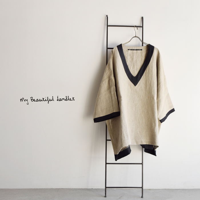 my beautiful landlet(マイ ビューティフル ランドレット)セミウェット リネン ショート スリーブ Vネック プルオーバー wm02-tp2610203