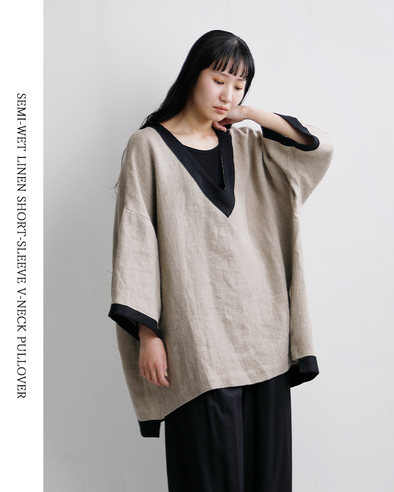 my beautiful landlet(マイ ビューティフル ランドレット)セミウェット リネン ショート スリーブ Vネック プルオーバー wm02-tp2610203
