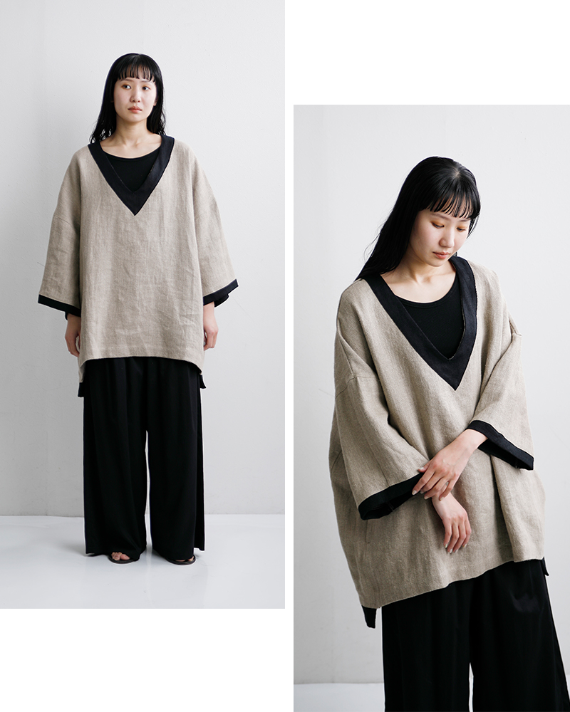 my beautiful landlet(マイ ビューティフル ランドレット)セミウェット リネン ショート スリーブ Vネック プルオーバー wm02-tp2610203