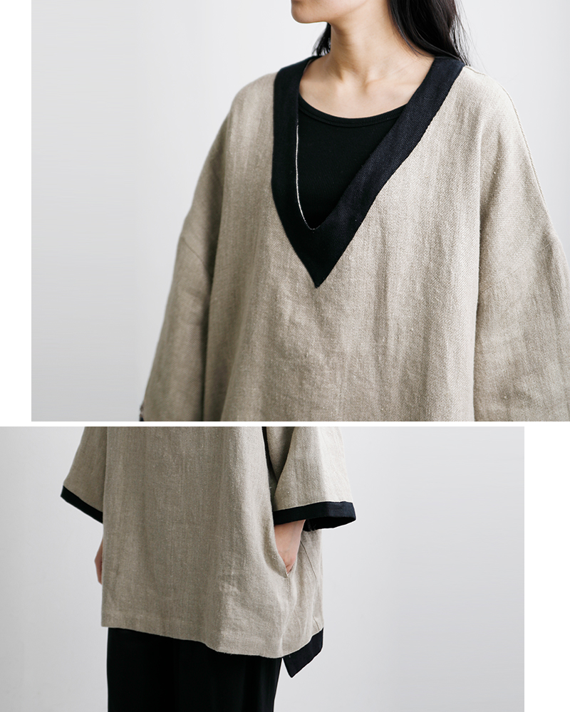 my beautiful landlet(マイ ビューティフル ランドレット)セミウェット リネン ショート スリーブ Vネック プルオーバー wm02-tp2610203