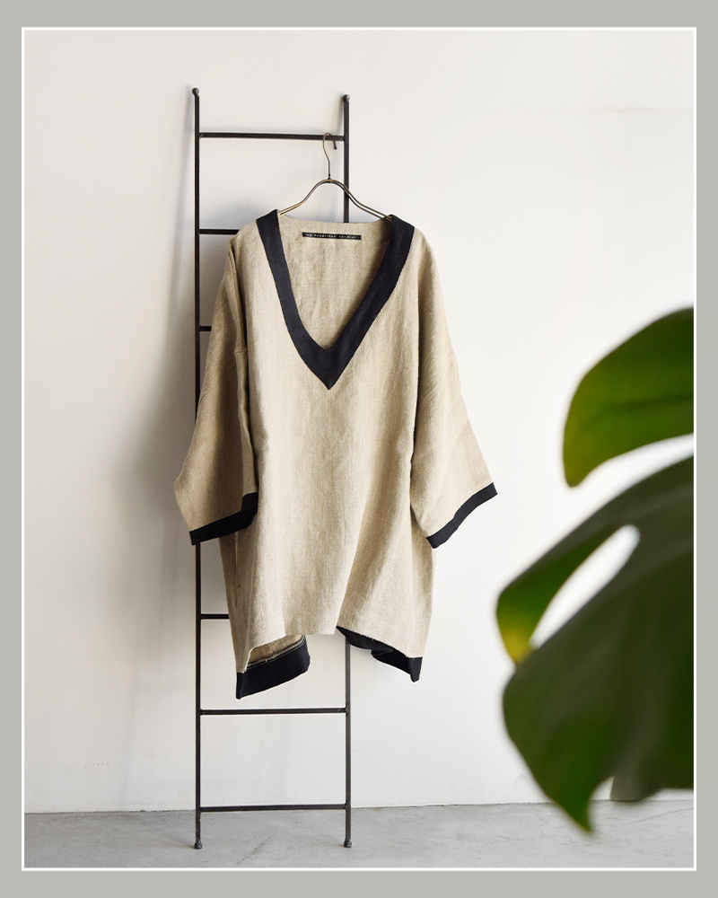 my beautiful landlet(マイ ビューティフル ランドレット)セミウェット リネン ショート スリーブ Vネック プルオーバー wm02-tp2610203