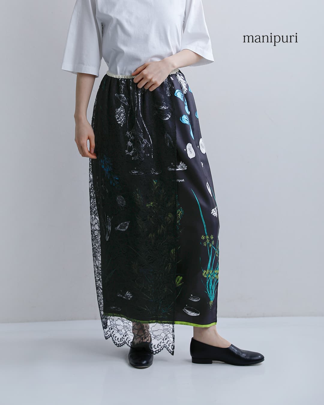manipuriシルク レース ボタニカル ラップ風 スカート wrap-skirt