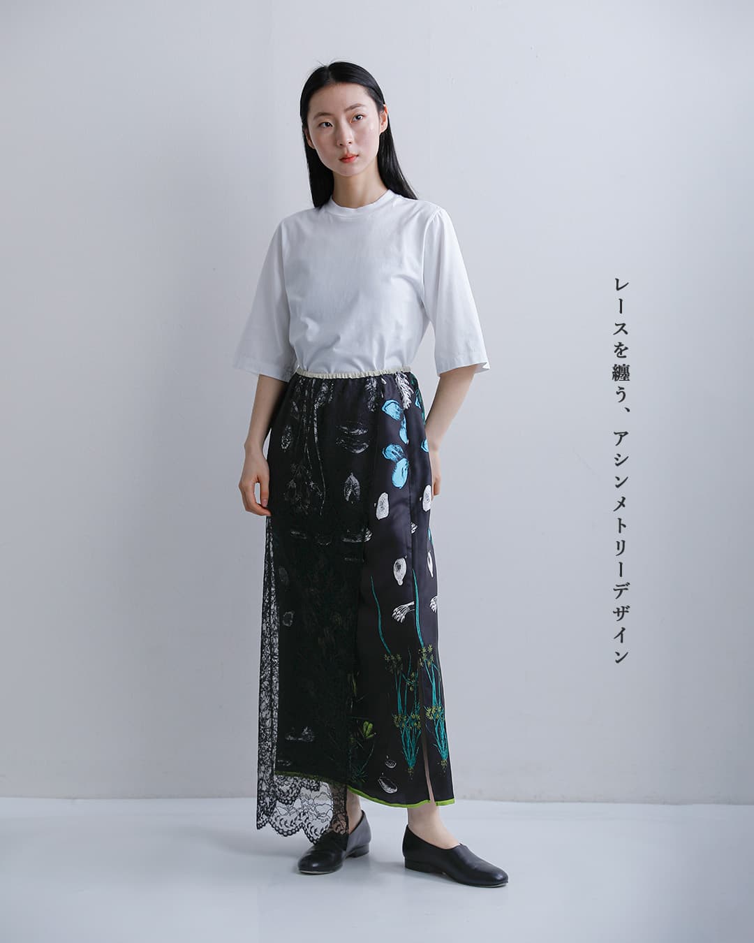 manipuriシルク レース ボタニカル ラップ風 スカート wrap-skirt