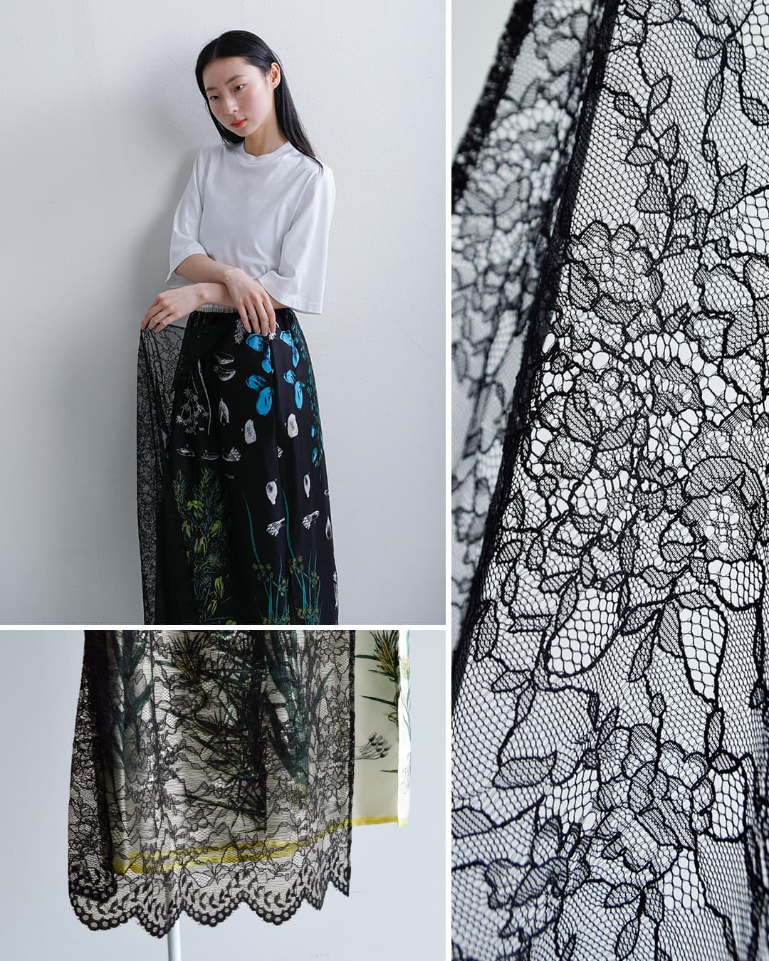 manipuriシルク レース ボタニカル ラップ風 スカート wrap-skirt
