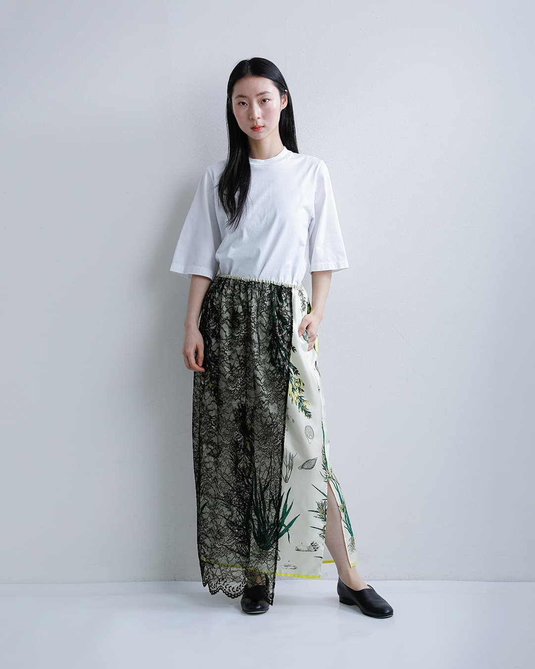 manipuriシルク レース ボタニカル ラップ風 スカート wrap-skirt