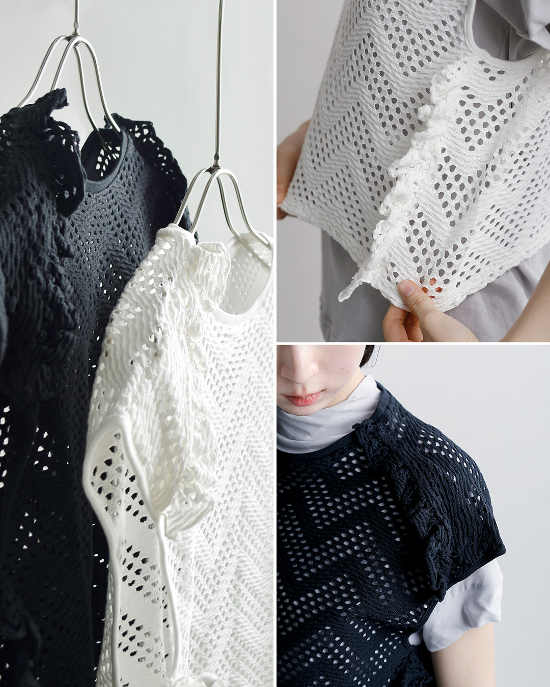 unfilパターンメッシュ コットン フリル ノースリーブ プルーバー “pattern mesh cotton jersey ruffled sleeveless top” wxsp-uw130