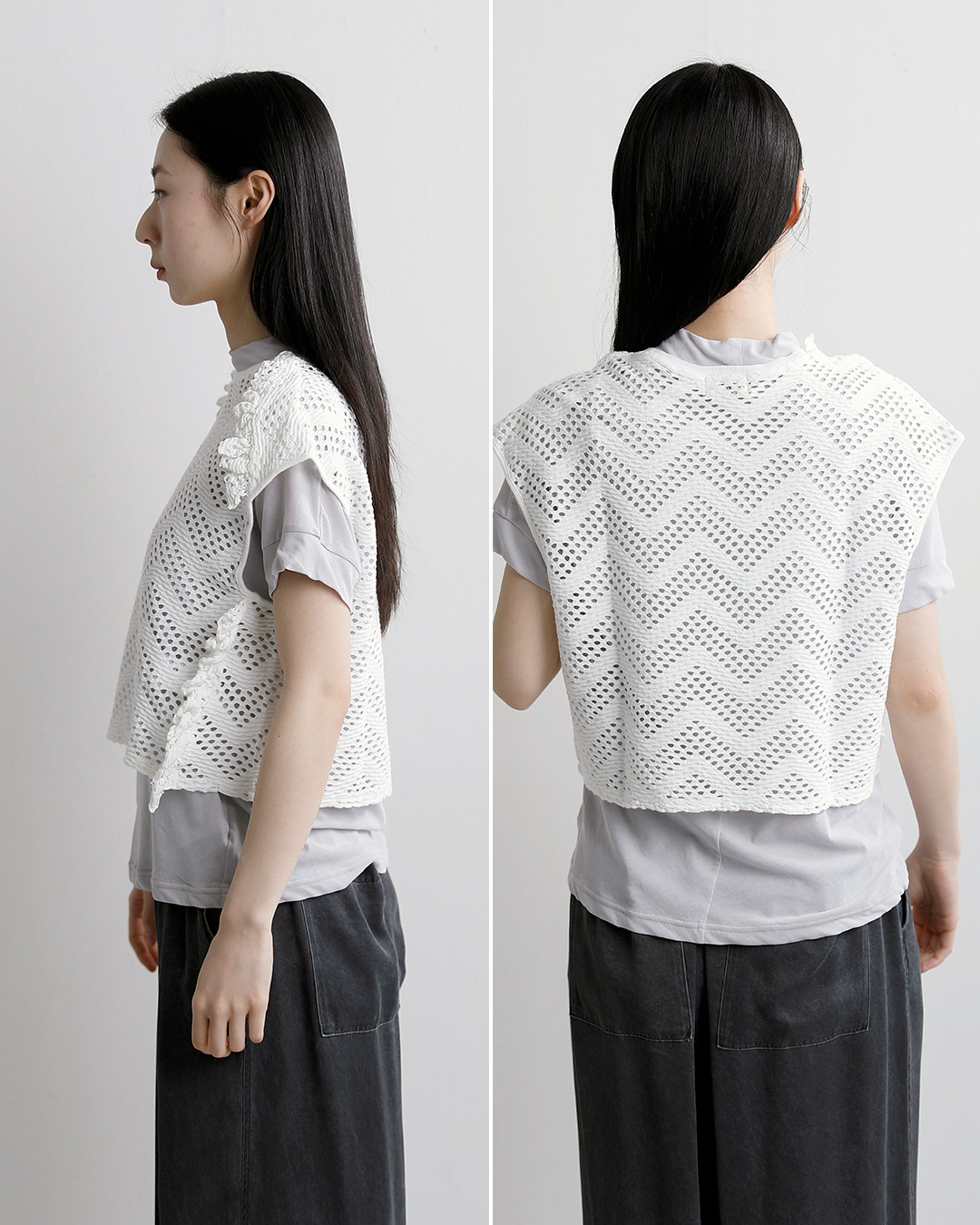 unfilパターンメッシュ コットン フリル ノースリーブ プルーバー “pattern mesh cotton jersey ruffled sleeveless top” wxsp-uw130