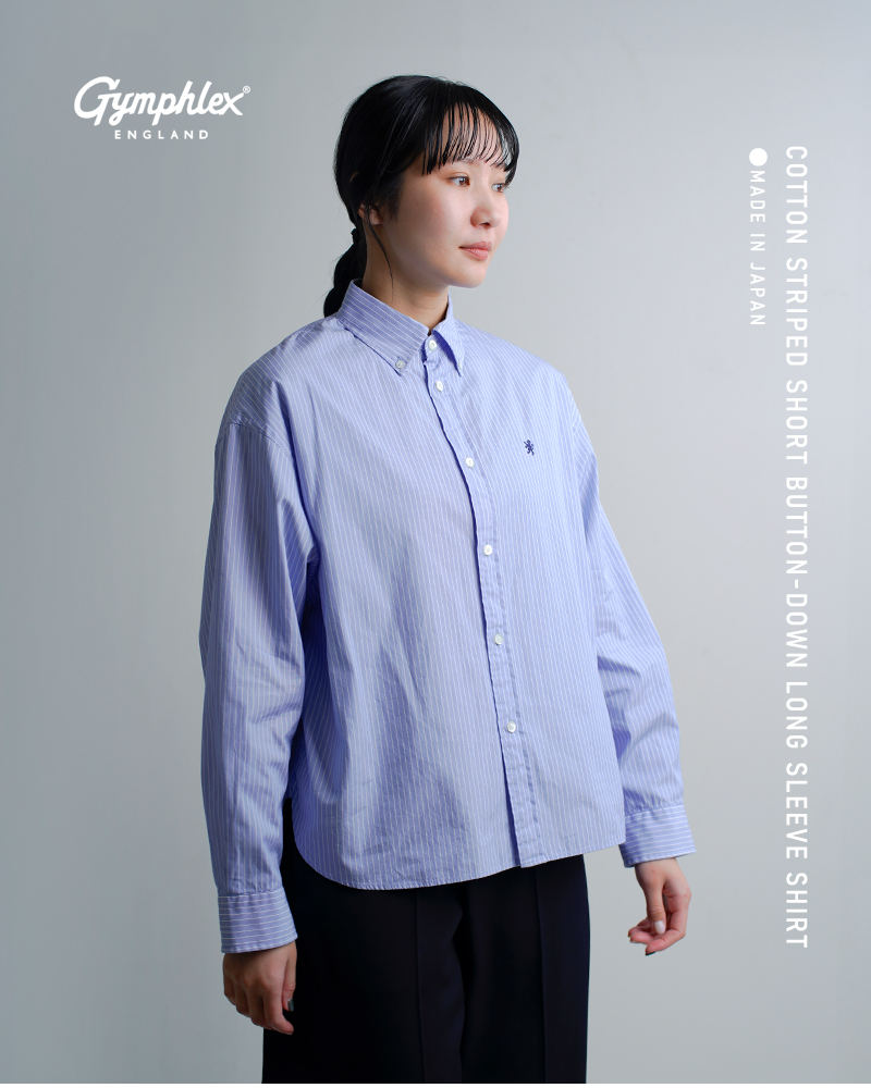 Gymphlex(ジムフレックス)コットンストライプショートボタンダウン長袖シャツgy-b0198trr-cbk