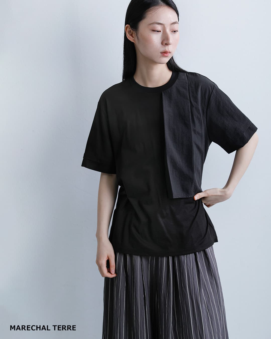 MARECHAL TERRE接触冷感 異素材コンビネーション Tシャツ zmt262ct138